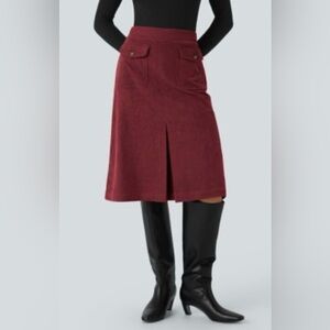 HALARA Corduroy Midi Skirt in Burgundy with Front Pleat